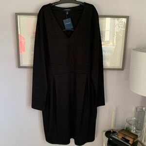 NWT Lands End Black V Neck MIDI Dress Long sleeves. XL Size 18 Poly blend‎